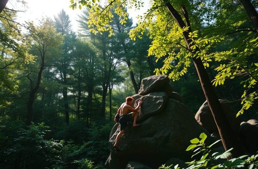 a person scaling a rugged rock formation amidst a lush, verdant forest, highlighting the sense of exploration and connection with the natural environment.