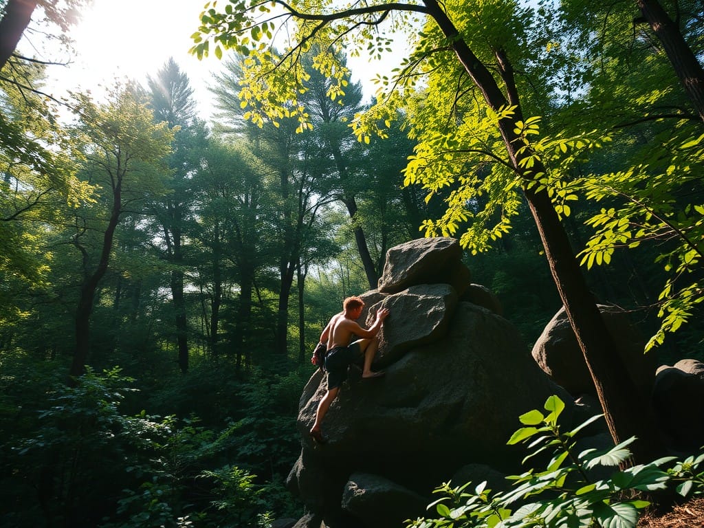 a person scaling a rugged rock formation amidst a lush, verdant forest, highlighting the sense of exploration and connection with the natural environment.