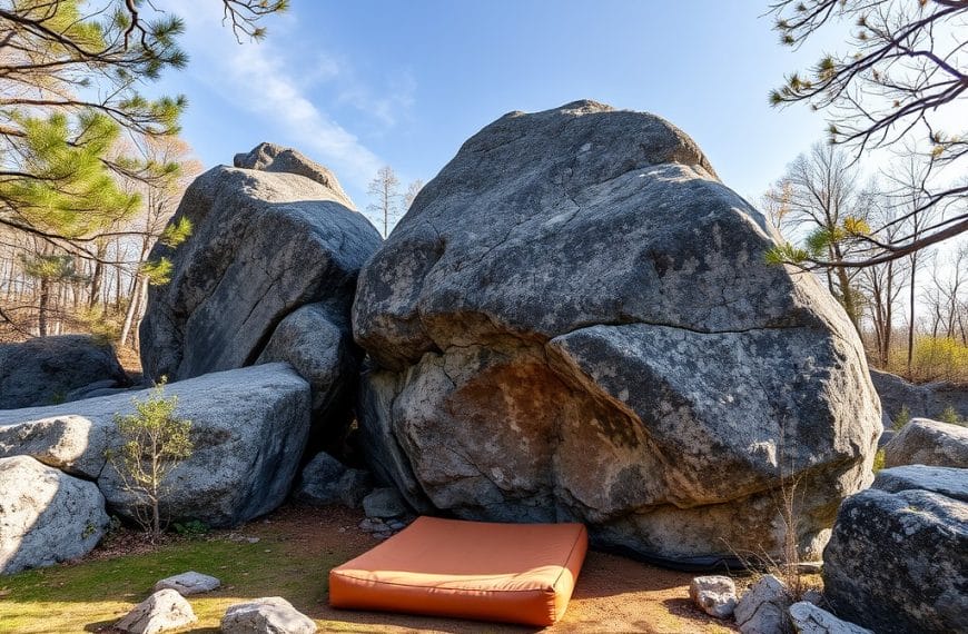 This image depicts a cozy, cushioned seating area nestled amidst a captivating arrangement of massive, weathered boulders, surrounded by a lush, verdant forest setting, inviting visitors to pause and appreciate the tranquility of the natural environment.