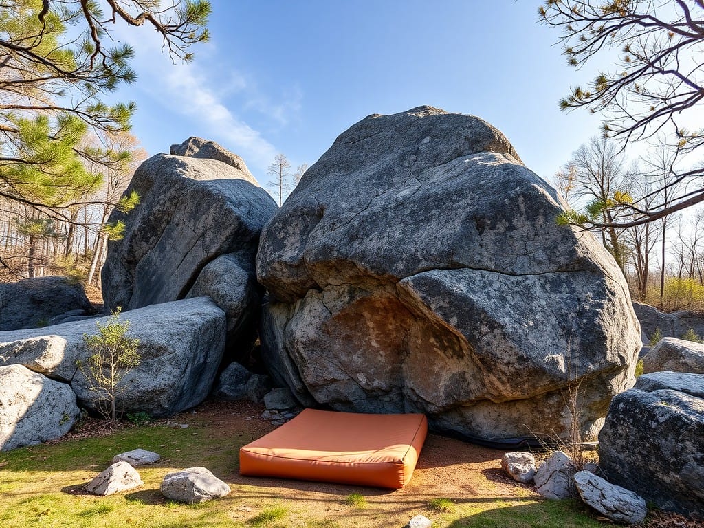 This image depicts a cozy, cushioned seating area nestled amidst a captivating arrangement of massive, weathered boulders, surrounded by a lush, verdant forest setting, inviting visitors to pause and appreciate the tranquility of the natural environment.