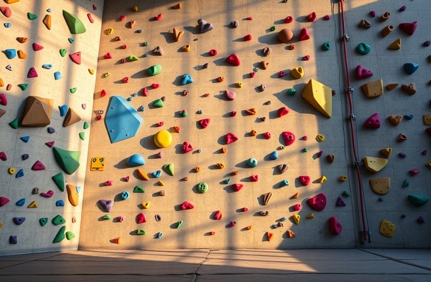 This image showcases a dynamic indoor climbing wall, covered in a diverse array of brightly colored climbing holds and features, creating an engaging and challenging environment for climbers of all skill levels.