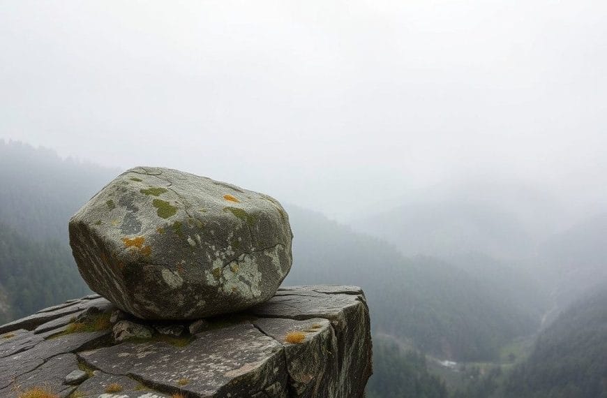 A serene image highlighting the natural beauty of a remote, misty mountain environment, with a sturdy rock formation providing a contemplative vantage point.