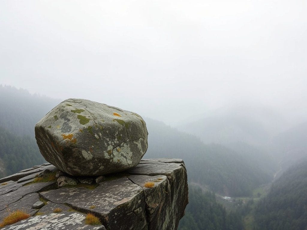 A serene image highlighting the natural beauty of a remote, misty mountain environment, with a sturdy rock formation providing a contemplative vantage point.