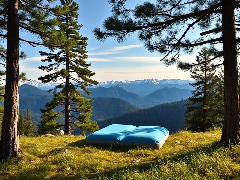 This image depicts a blue inflatable mattress situated in a lush, forested area, with a breathtaking mountain landscape visible in the distance, capturing the tranquility and beauty of an outdoor camping experience.