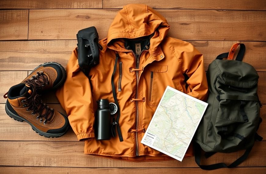 This image showcases a collection of essential outdoor equipment, including a bright orange jacket, sturdy hiking boots, a water bottle, and a map, suggesting the assortment of specialized gear required for engaging in hiking, camping, and other outdoor activities.