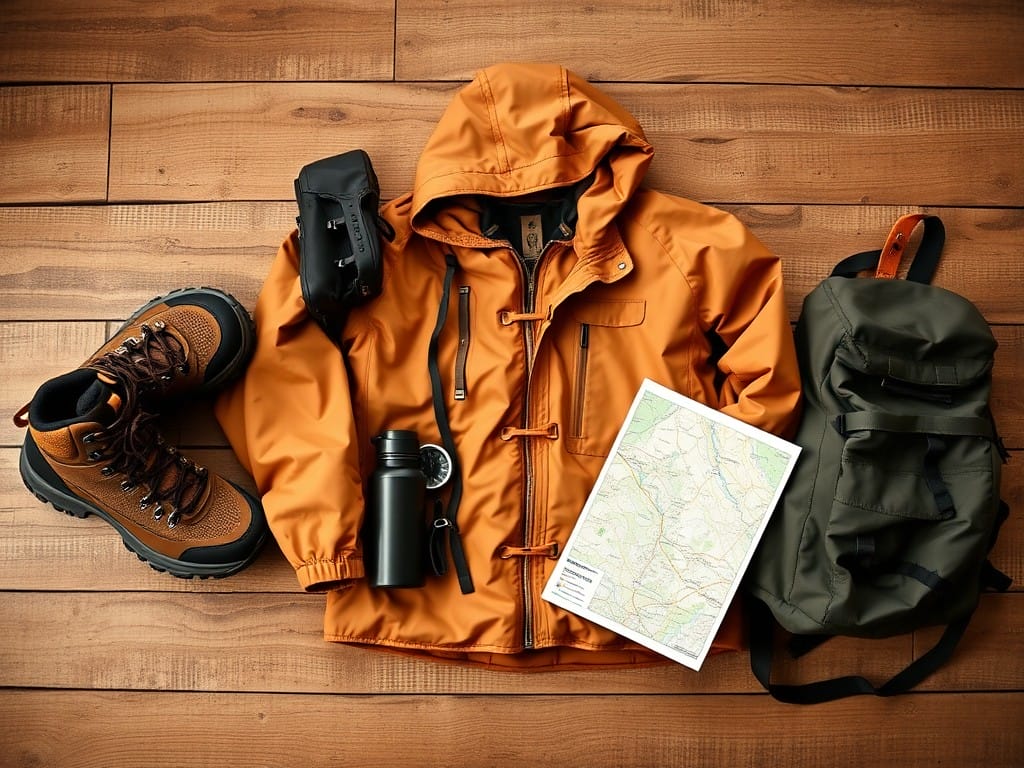 This image showcases a collection of essential outdoor equipment, including a bright orange jacket, sturdy hiking boots, a water bottle, and a map, suggesting the assortment of specialized gear required for engaging in hiking, camping, and other outdoor activities.
