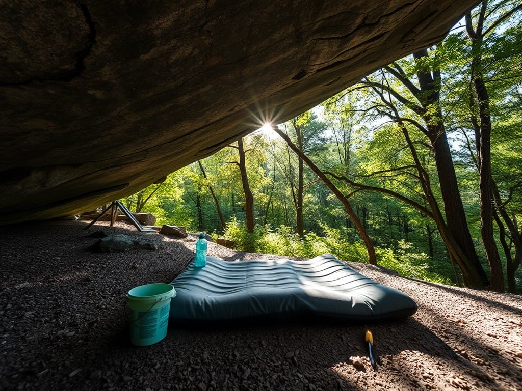 This image depicts a cozy sleeping area nestled under a towering rock formation, surrounded by a lush, verdant forest and bathed in the soft, golden light filtering through the canopy, creating a tranquil and picturesque natural retreat.
