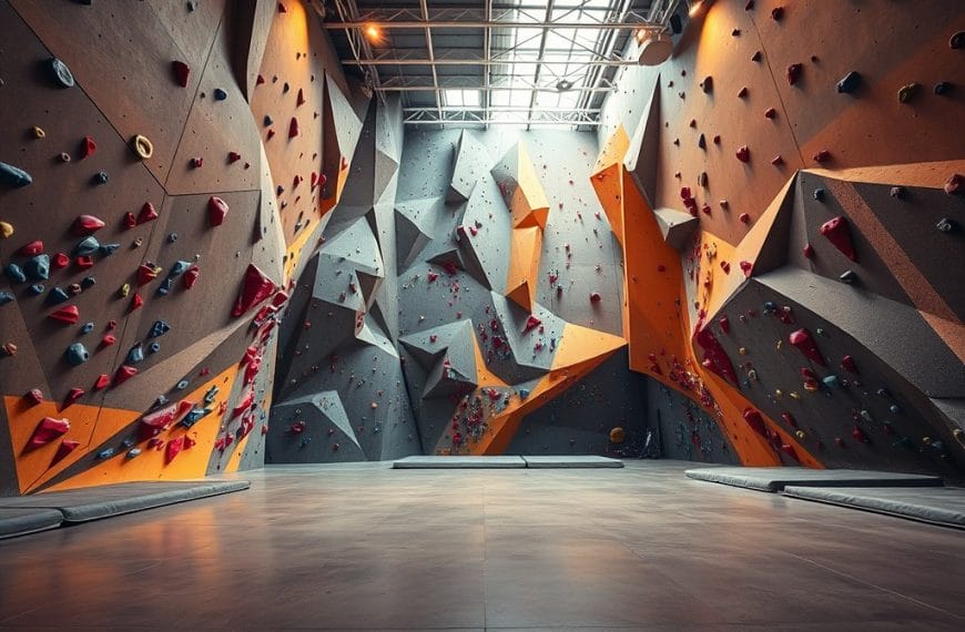 his image depicts a dynamic, multi-colored indoor rock climbing structure, featuring an intricate arrangement of geometric panels and protrusions in shades of orange, gray, and red, creating a visually striking and challenging environment for climbers.