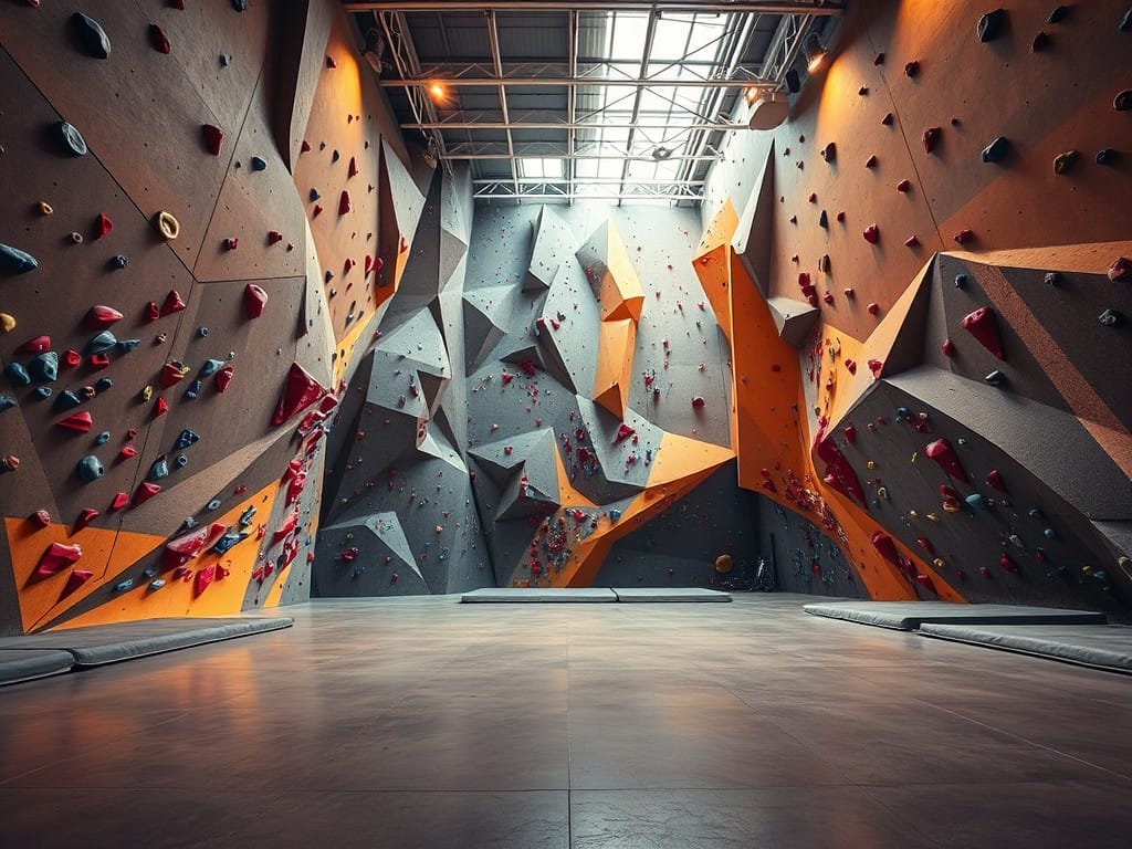 his image depicts a dynamic, multi-colored indoor rock climbing structure, featuring an intricate arrangement of geometric panels and protrusions in shades of orange, gray, and red, creating a visually striking and challenging environment for climbers.