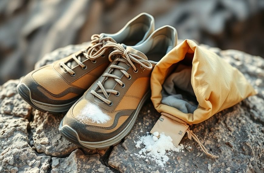 This image showcases a pair of dusty, well-worn hiking boots alongside a yellow drawstring bag, suggesting the essential equipment and supplies needed for outdoor adventures in challenging terrain.