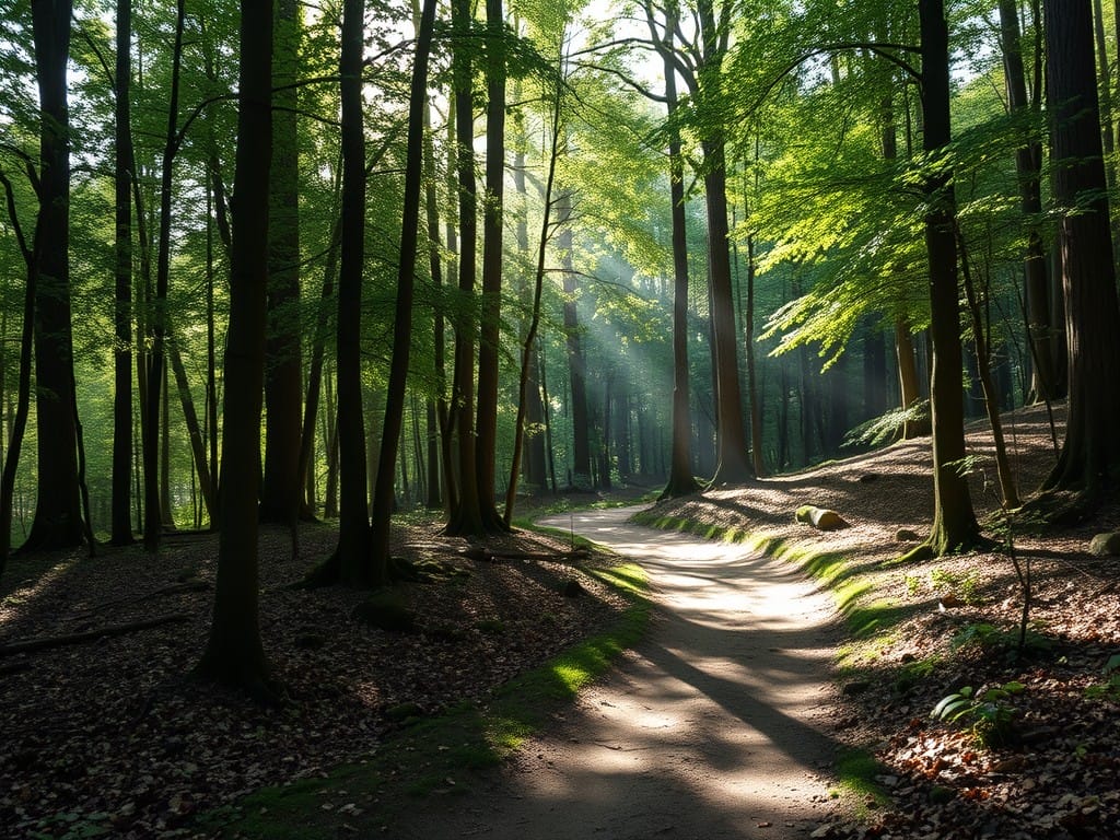 This image captures a peaceful, winding trail through a lush, verdant forest, with sunlight filtering through the dense canopy of trees and casting a warm, natural glow on the path, creating a tranquil and inviting outdoor scene.