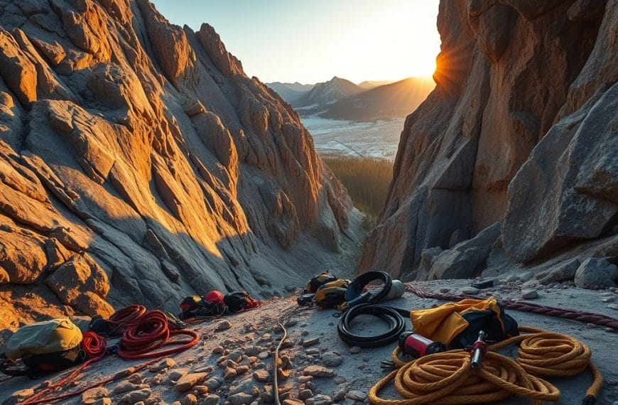This image captures an assortment of rock climbing equipment, including ropes, carabiners, and harnesses, placed amidst a stunning, mountainous landscape with towering, sun-drenched cliffs, suggesting an adventurous outdoor activity in a breathtaking natural setting.