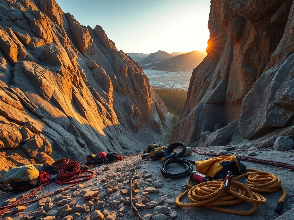 This image captures an assortment of rock climbing equipment, including ropes, carabiners, and harnesses, placed amidst a stunning, mountainous landscape with towering, sun-drenched cliffs, suggesting an adventurous outdoor activity in a breathtaking natural setting.