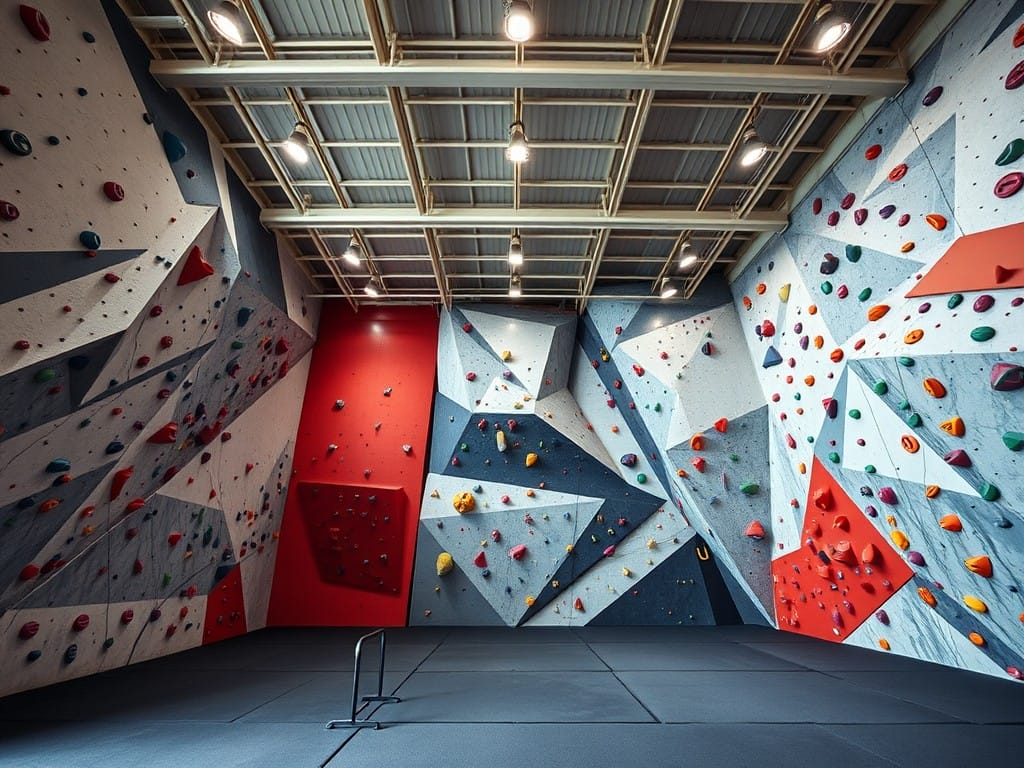 This image showcases a dynamic indoor climbing center featuring an array of geometric wall panels in various shades of red, blue, and gray, creating a visually striking and challenging environment for rock climbing enthusiasts.