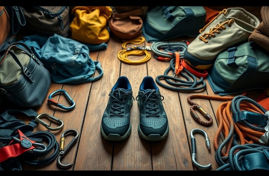 This image depicts an assortment of hiking and camping gear, including backpacks, ropes, carabiners, and a pair of rugged hiking shoes, suggesting the essential equipment required for outdoor exploration and adventuring.