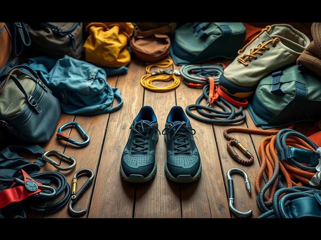 This image depicts an assortment of hiking and camping gear, including backpacks, ropes, carabiners, and a pair of rugged hiking shoes, suggesting the essential equipment required for outdoor exploration and adventuring.