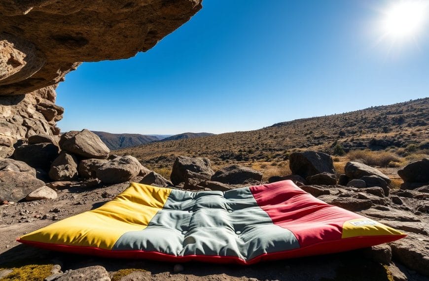 This image depicts a colorful, inflatable sleeping pad nestled within a rugged, rocky landscape, offering a cozy resting area that takes advantage of the stunning desert scenery.