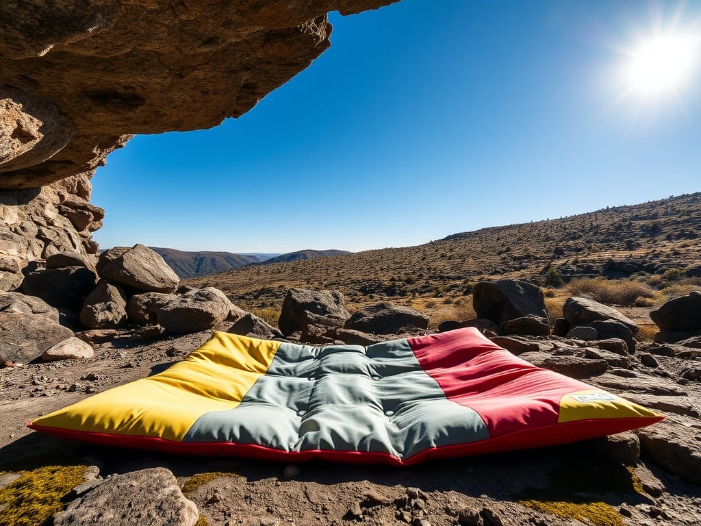 This image depicts a colorful, inflatable sleeping pad nestled within a rugged, rocky landscape, offering a cozy resting area that takes advantage of the stunning desert scenery.