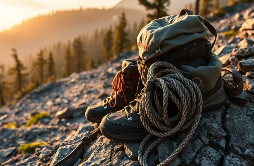 This image depicts a rugged backpack, sturdy hiking boots, and coiled climbing rope, suggesting the essential equipment needed for embarking on an outdoor expedition or mountaineering adventure.