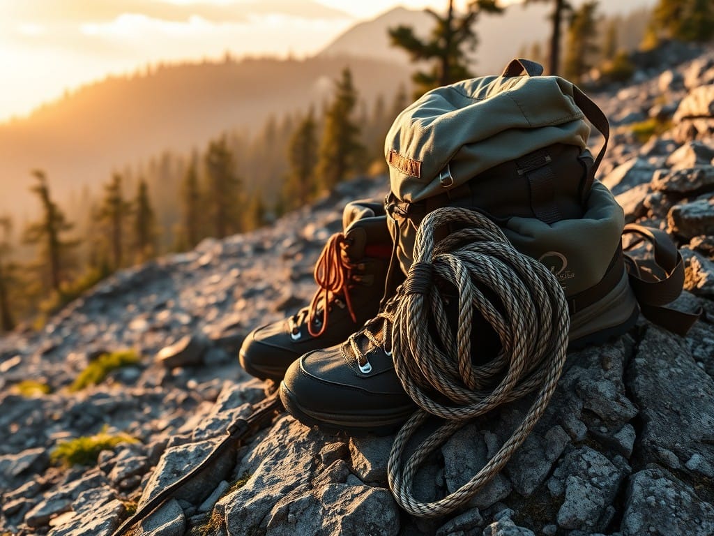 This image depicts a rugged backpack, sturdy hiking boots, and coiled climbing rope, suggesting the essential equipment needed for embarking on an outdoor expedition or mountaineering adventure.