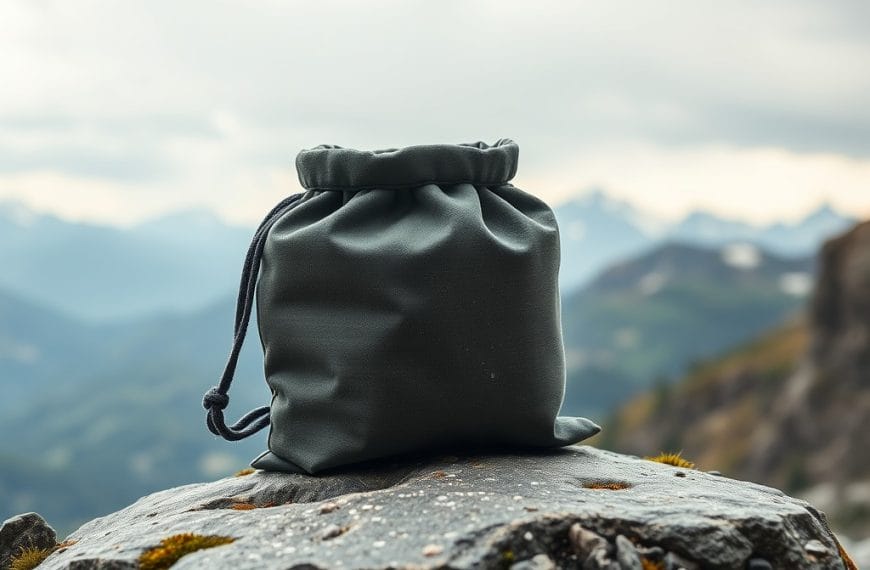 This image depicts a dark, drawstring bag perched atop a rocky outcrop, with a breathtaking mountainous landscape visible in the background, suggesting the bag's potential use for outdoor gear storage or transportation.