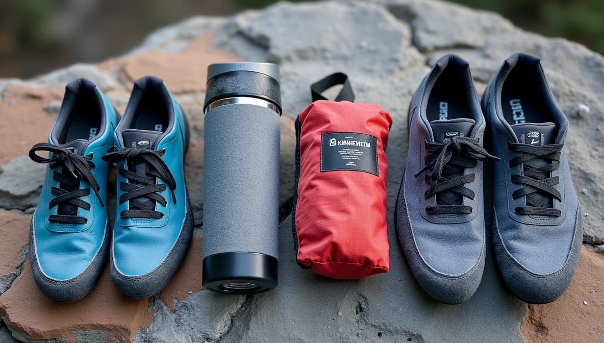 A set of hiking or camping gear, including a pair of teal-colored hiking shoes, a gray metal water bottle, and a red backpack or bag.